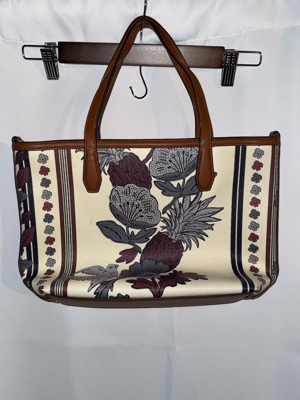 Tory Burch Ella Floral Print Tote Bag Brown Leather Trim Multicolor